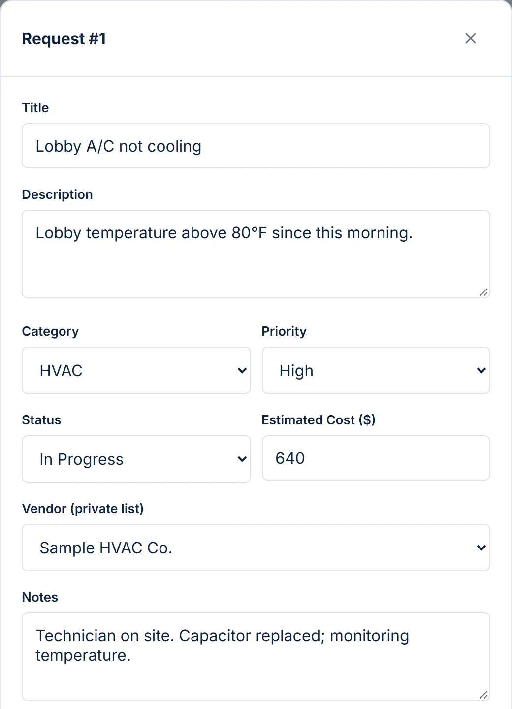 Request #1 detail for a sample property: HVAC category, high priority, status In Progress, estimated cost 640 dollars, vendor Sample HVAC Co., and a note that the technician replaced a capacitor
