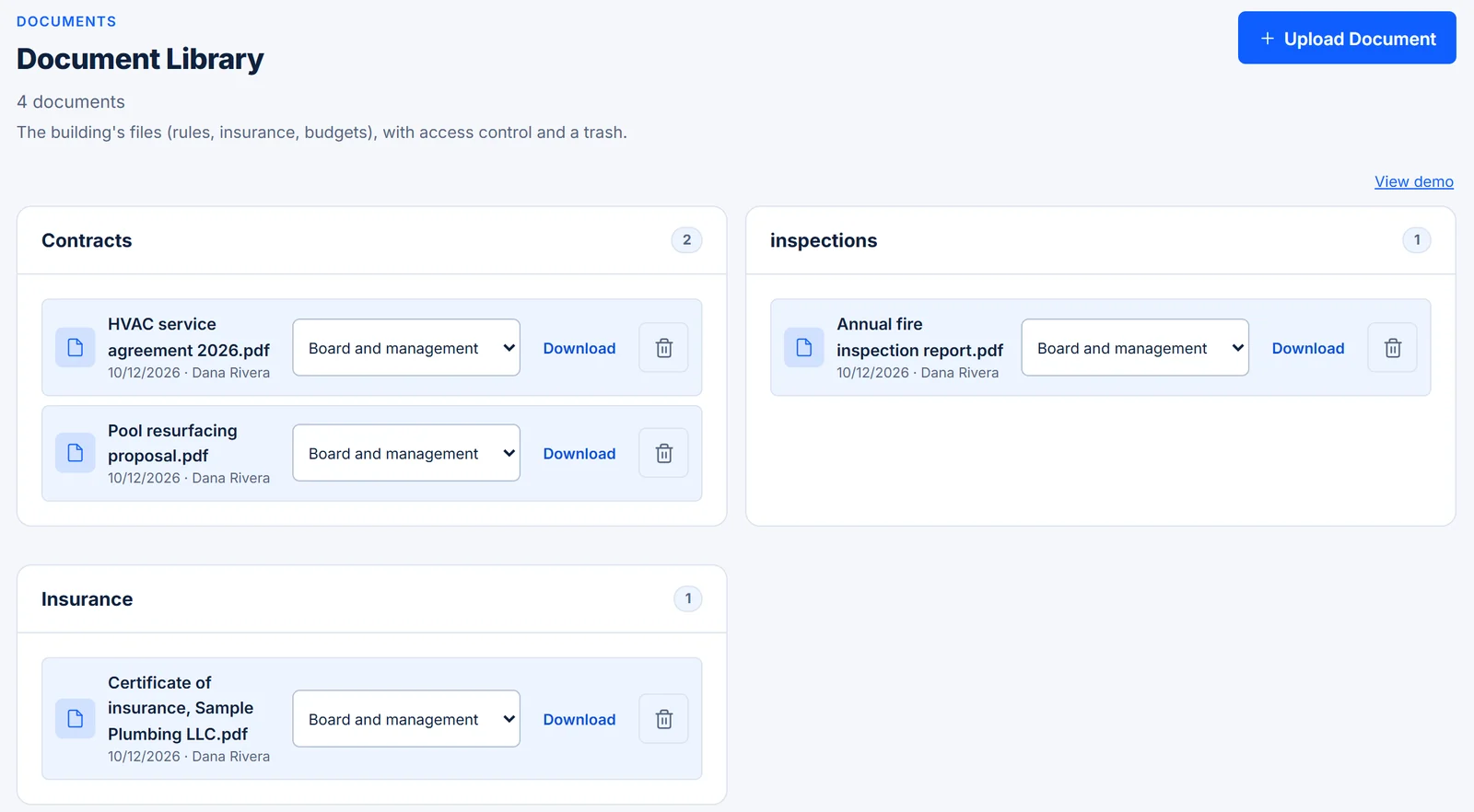 Document Library for a sample condominium with contracts, inspection and insurance files, each with who can see it, such as board and management