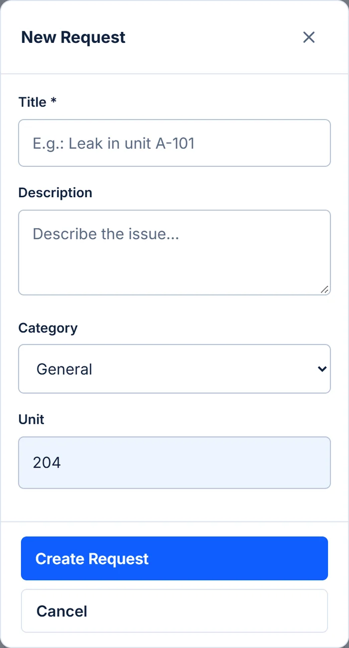 The New Request form on a phone with title, description, category and the resident's unit, 204, filled in from the account