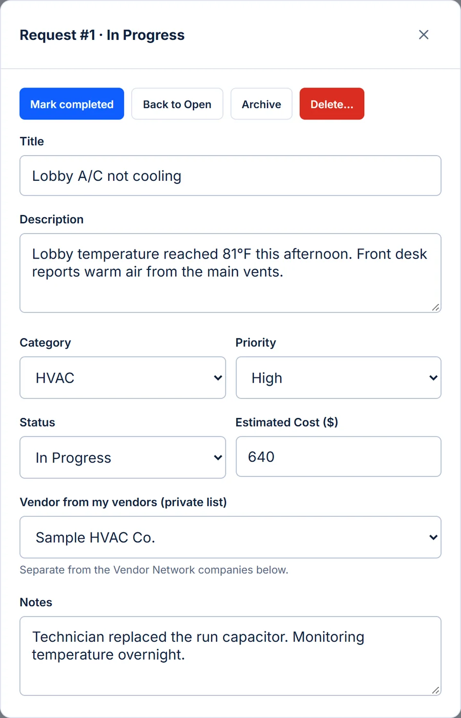 A maintenance request in PropertyFlow showing status buttons, title, description, category, priority, status, estimated cost, assigned vendor and notes