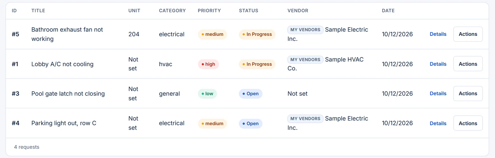 PropertyFlow service requests for a sample condominium: four requests with unit, category, priority, status and assigned vendor, such as a lobby A/C repair in progress with Sample HVAC Co.