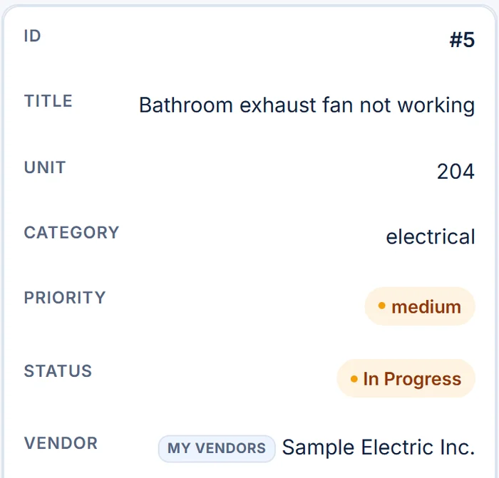 A resident's request on a phone: bathroom exhaust fan, Unit 204, status In Progress, vendor Sample Electric Inc.